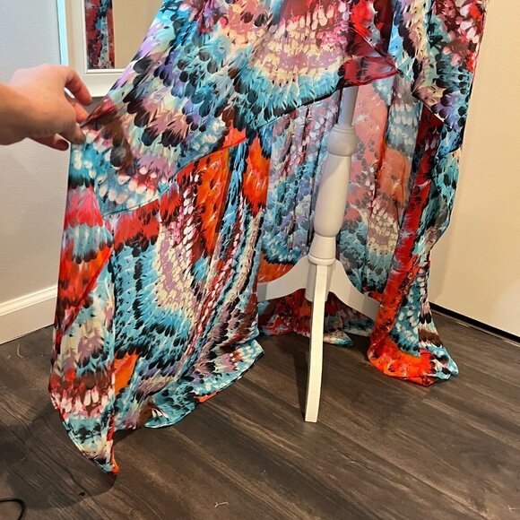 Aidan Mattox Hi Low Feather print strapless chiffon gown, Size 0 - Picture 9 of 15